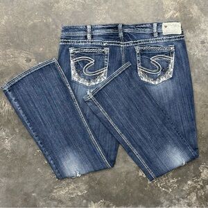 Silver AIKO Bootcut Jeans 36x33 Y2K Thick Stitch Distressed